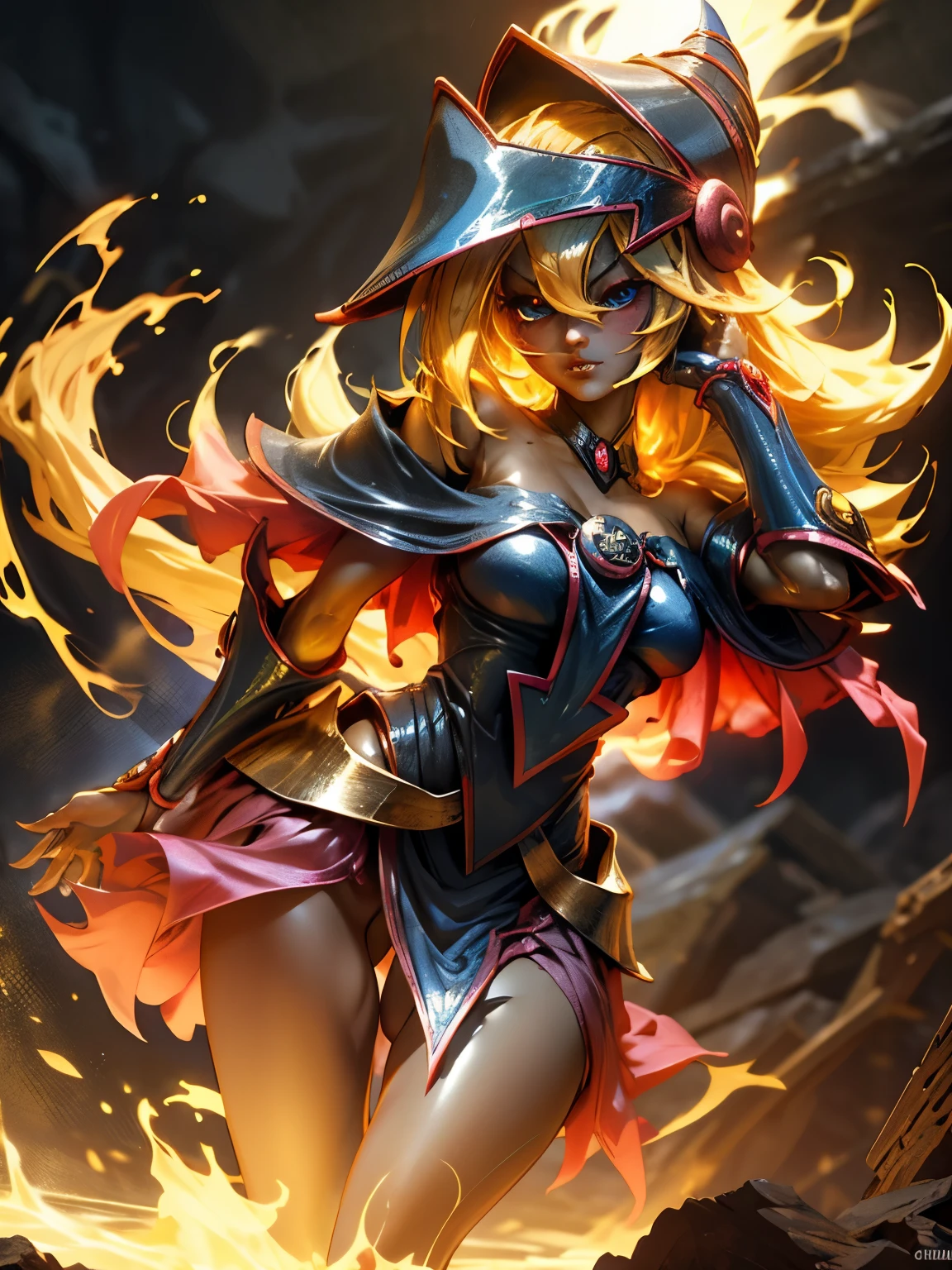 Dark magician gils como ave feniz. Cabello de llamas. Ojos azules. Labios rojos. Pose sensual. Fondo de infierno. She's on fire and she's coming for you. Pose sensual. Desnuda