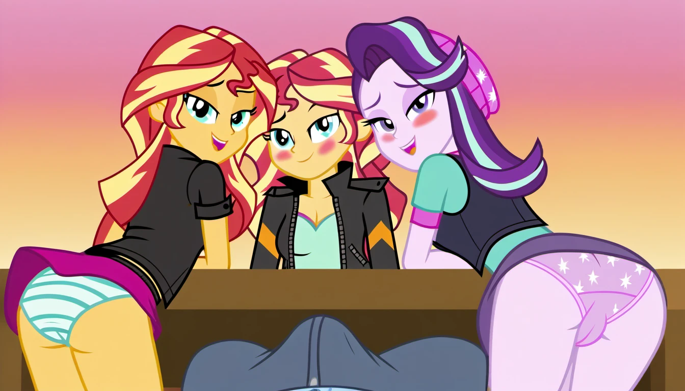 explicit, score_9, Equestria_Girls, zipper, unzipping, open_fly, cute, sweet, cartoon, wink, one_closed_eye, blushing, assjob, twitching, threesome, starlight_glimmer, starlight_glimmer_in_underwear, sunset_shimmer, sunset_shimmer_in_underwear, panties, bra, girls_only_in_underwear, underwear, skirt_lift, upskirt, male_pov, open_fly_in_male_pants, offscreen_male_character, very_huge_bulge_in_briefs, looking_at_you, bedroom_eyes, sunset_shimmer_sticking_out_ass, starlight_glimmer_sticking_out_ass, date, erection_under_clothes, leaning on table, sitting, tenting, show accurate, vector
