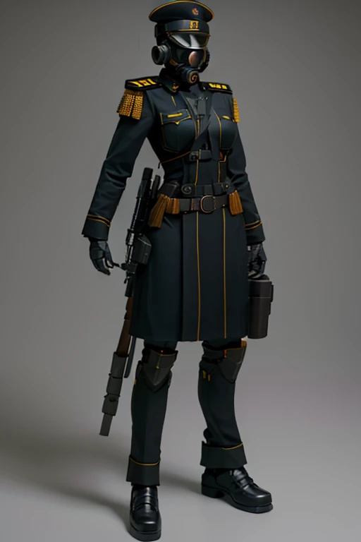 machine, automaton, military, robot, officer uniform, gas mask, soldier, communist, solo, simple background, humanoid, Russian, soviet, two eyes, circular eyes, tubing, dark, sword, officer's sword, feminine, flat-chested, black armor, tubing, helmet tubing, chest tubing, no breasts, flat chest, officer, soviet officer, soviet officer hat,
