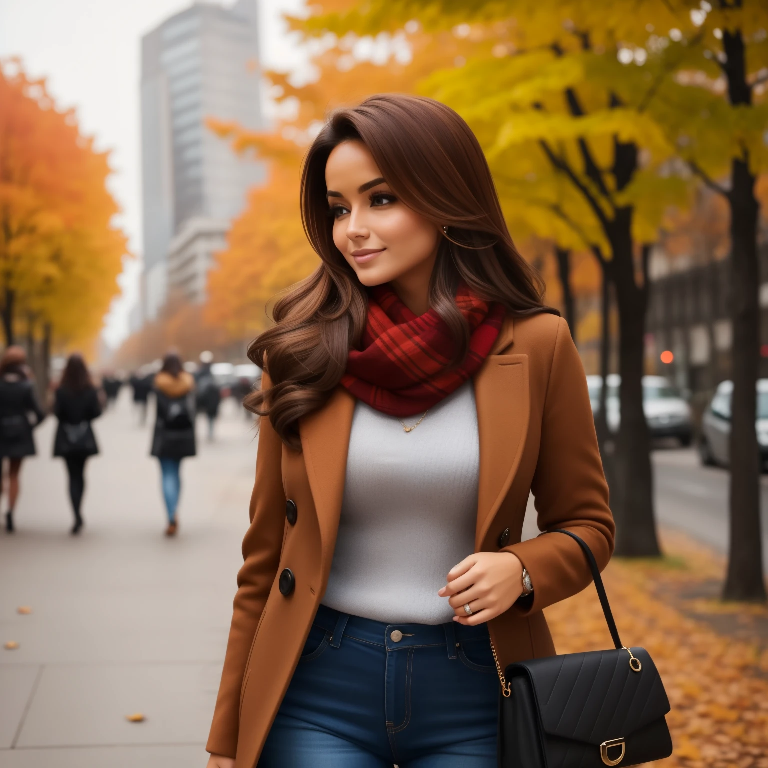 Mulher com uma linda morena , cabelos longos, cabelos ondulado, outfit in the setting of an autumn city