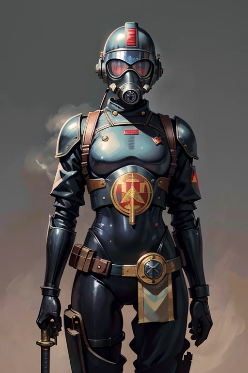 machine, automaton, military, robot, officer uniform, gas mask, soldier, communist, solo, simple background, humanoid, Russian, soviet, two eyes, circular eyes, tubing, dark, sword, officer's sword, feminine, flat-chested, black armor, tubing, helmet tubing, chest tubing, no breasts, flat chest, officer, soviet officer, soviet officer hat, solo, 