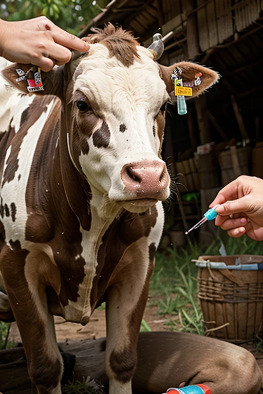 generate an illustration of a bovine head receiving an injectable medication in png format