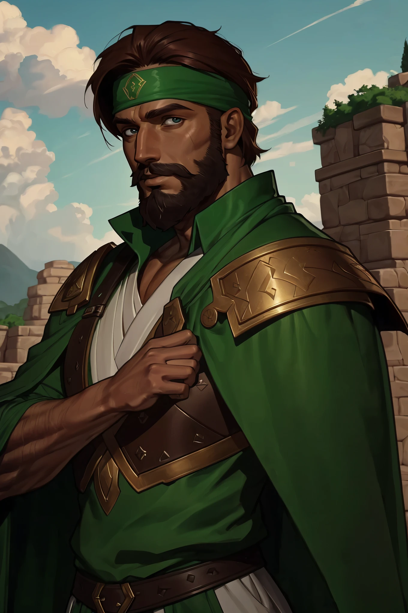 solo, auburn hair, headband, 1boy, male focus, beard, facial hair, outdoors, sky, cloud, leather tunic, green cape, tree, ranger, archer, | (8k, RAW photo, best quality, masterpiece:1.2), ultra-detailed, (high detailed skin:1.2), 8k uhd, dslr, soft lighting, high quality, ((upper body)), (centered:1.2), ((LOOKING at the VIEWER)), asura, film grain, highly detailed shading, ((perfect_hands):1), Goodhands-beta2,