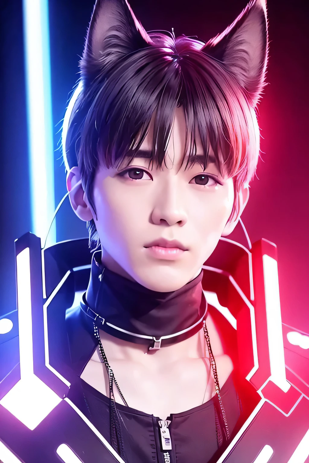 1 male、high quality、masterpiece、4k、Blurred feeling、realistic skin、dog ears、(head shot:1.45)、、Cyber City、cyber punk、Neon Edge、neon tube、neon sign、back alley