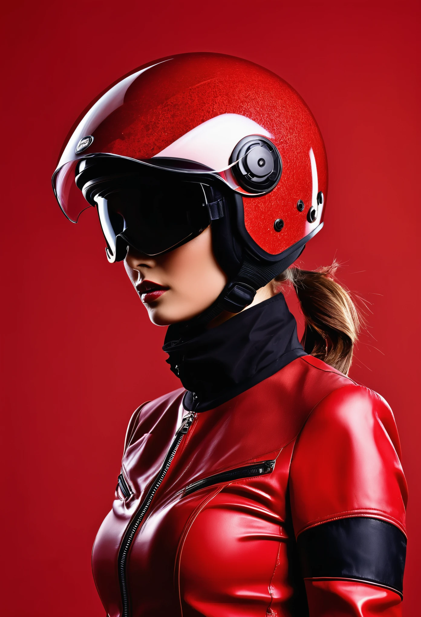 editorial fashion photo of rider; filled with helmet; red colors; solid background, abstract