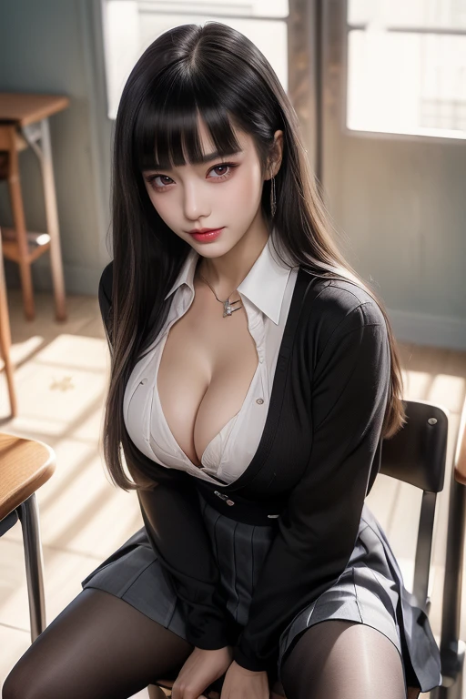 ultra high resolution、(((dull bangs, princess bangs))), (((very heavy,very voluminous bangs:1.1))),(((very length, very heavy,Very voluminous side locks:1.1))),, princess cut, Straight bang hairstyle, Round face with dull bangs, length, Dull Hair、bangs are cut straight,(masterpiece, highest quality:1.5), (Ultra-detailed 8K CG:1.4), (hyperrealistic:1.25), (Photorealistic:1.25), (realistic:1.4), cowboy shot, (Look above:1.35), (1 from the front.4), (smile1.3), one beautiful japanese girl, , Supermodel, japanese idol, (smile), big breasts, Sweat、(school uniform:1.5)、(sitting on a chair in the classroom)、(emphasize cleavage:1.5)、black hair:1.2、full body image、((real person:1.5))、を着て'blazer、(black gater pantyhose:1.2)、(From above:1.1)、(spread legs:1.2)