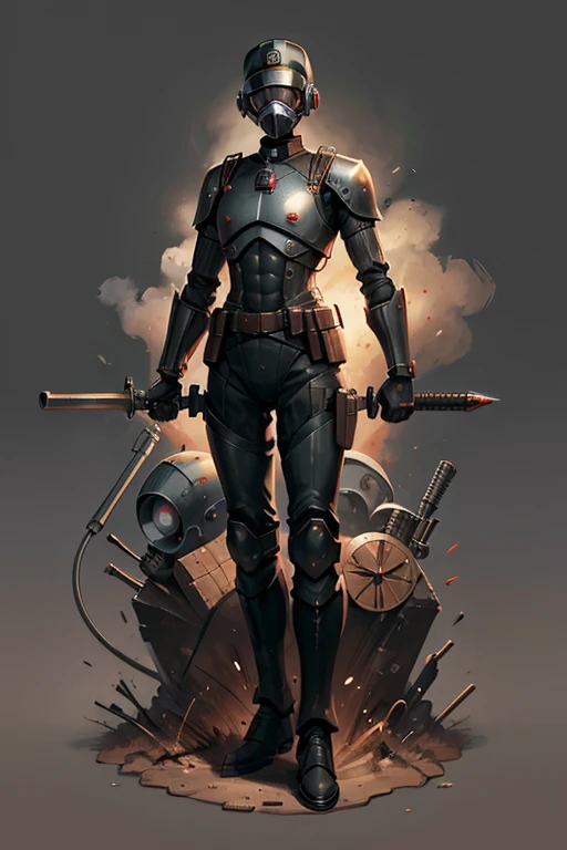 machine, automaton, military, robot, officer uniform, gas mask, soldier, communist, solo, simple background, humanoid, Russian, soviet, two eyes, circular eyes, tubing, dark, sword, officer's sword, feminine, flat-chested, black armor, tubing, helmet tubing, chest tubing, no breasts, flat chest, officer, soviet officer, soviet officer hat, solo, officer dress uniform, soviet uniform, 