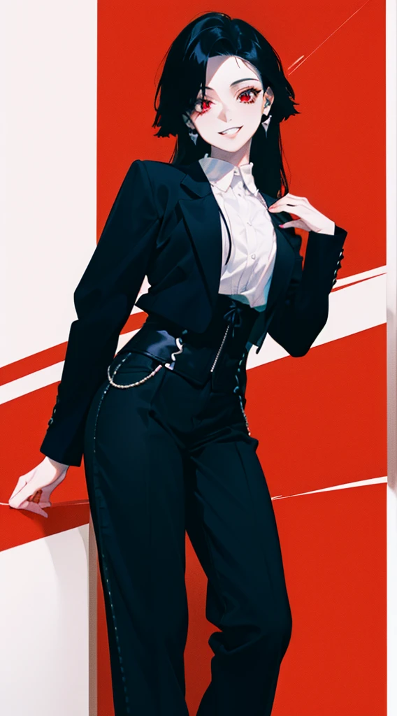 mujer adulta, pale skin, pelo largo y negro, cuernos, ojos rojos , sombra de ojos roja, pintalabios rojo, pechos grandes, sonrisa afectada, obra maestra, alta calidad con una camisa apretada con mangas y un corset y encaje rojo , pantalones negros , cabello largo en capas