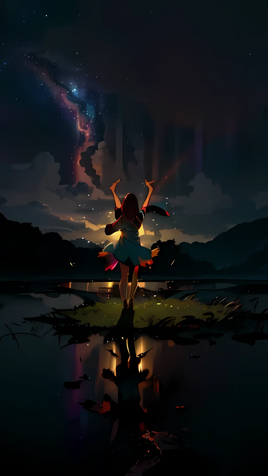 wide々landscape photography , (A view from below showing the sky above and open fields below), ((a Girl standing by water)), ((arms raised in the air:1.3)), (shooting star:0.9), (nebula:1.3), BREAK production art, (faint light:1.1), (night), (back view silhouette:1.4), ((My hair flutters in the wind)), intricate details, volume lighting, Realism BREAK
(masterpiece:1.2), (highest quality), 4k, Super detailed, (dynamic composition:1.4), very detailed, colorful details,( rainbow colors:1.2), (atmosphere lighting), dream-like, Magic, (alone:1.2)