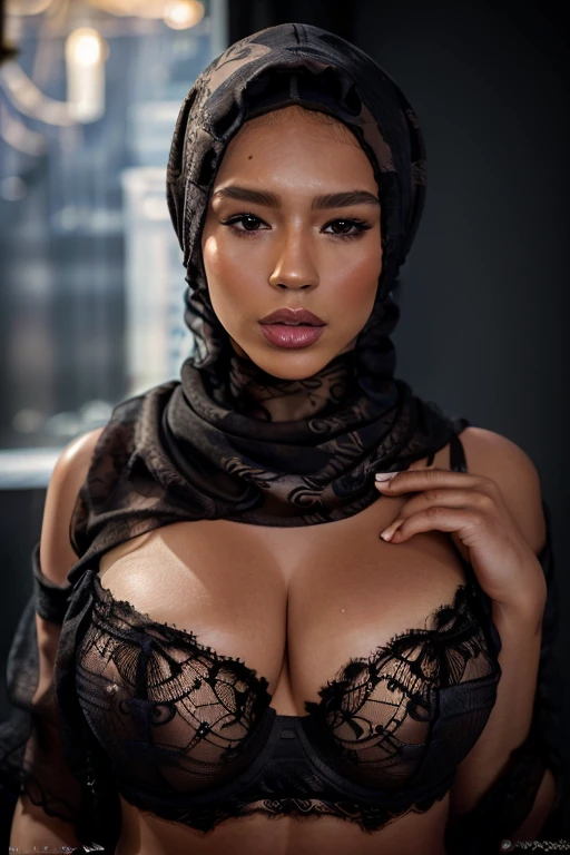 In this photograph, an Indonesian Instagram female model in her mid-20s takes center stage. , (highly detailed face:1.4) (smile:0.7) (backround 5 star hotel , moody, private study:1.OV, by lee jeffries, nikon d850, film stock photograph ,4 kodak portra 400 ,camera f1.6 lens ,rich colors ,hyper realistic ,lifelike texture, dramatic lighting , cinestill 800, realistic, wearing Black brocade lingerie, luxury victoria secret lingerie, she wears a luxury brocade hijab, ((hijab)), actress, full body shot, posing!!, candid picture, by Max Dauthendey,Completing the aesthetic, the model show her breast. ((big breast:1.5)), yo can see the nipple visible,The photograph is meticulously captured in 8K resolution using cutting-edge techniques such as Cinema 4D and Octane Render, resulting in a highly detailed and photorealistic image. Studio lighting, HDR, and a smoky mist create a captivating ambiance, while the bokeh effect adds an artistic touch, put details on fingers, sexy body, posing straight facing camera