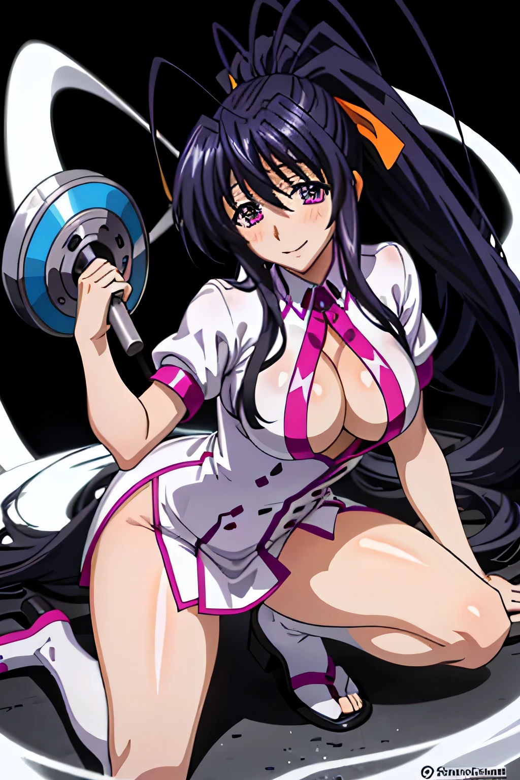 Himejima Akeno、long hair、(draw the eyes:1.2)、one person
、blush、smile
、You can see her chest
、squat
、white nurse uniform
、(highest quality)
、(fine skin:1.3)