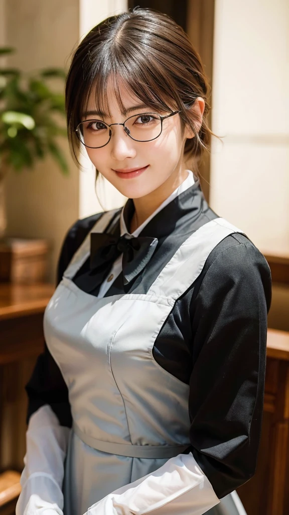 Top Quality, Masterpiece, High Detail, Most Realistic, High Definition, 16 Years Old Japan Beautiful Girl, Cat Ears, Maid Clothes, Red-rimmed Glasses, Looking Here, Smile, Bob Cut