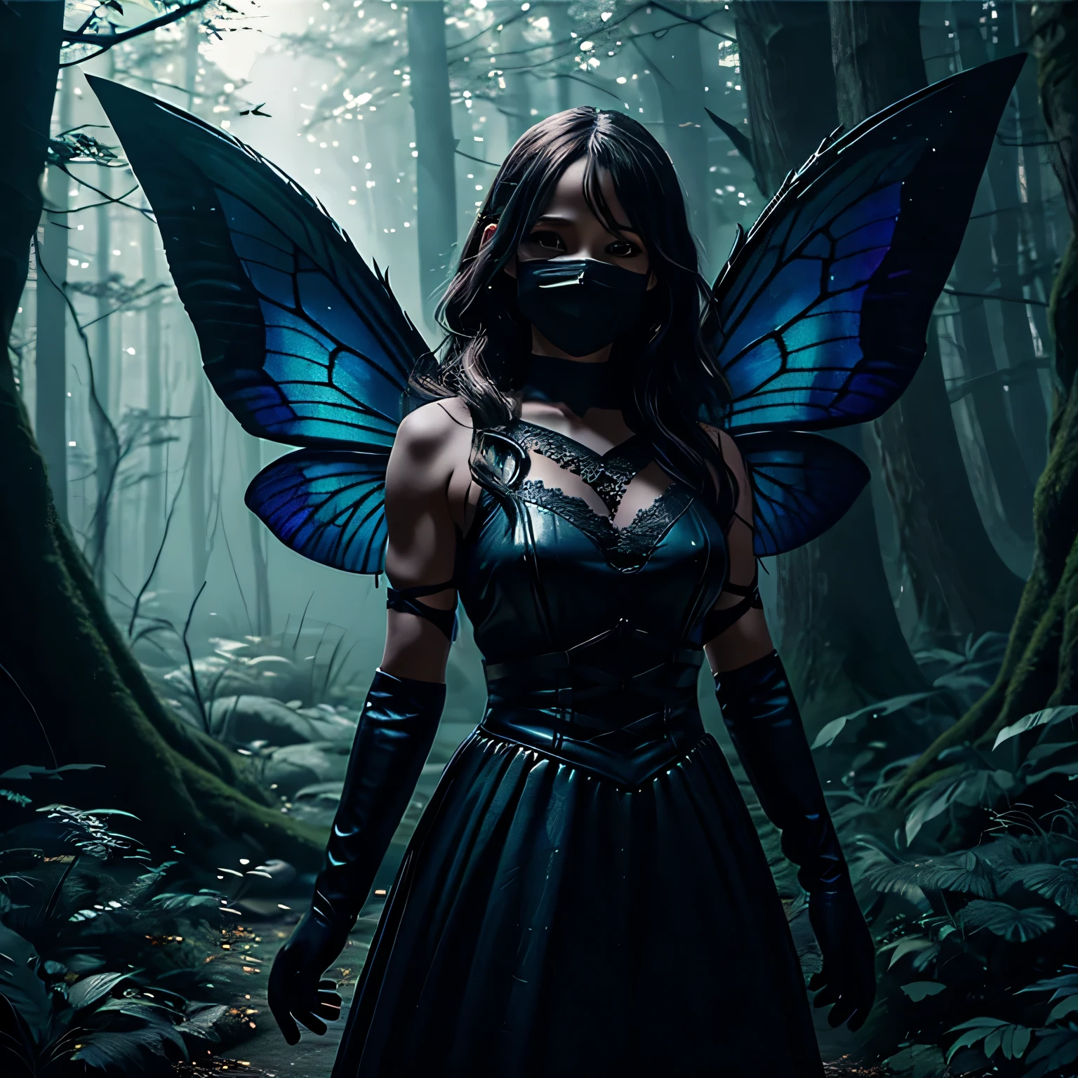 (quite secure), the fairy has wings, the fairy is struggling, the thief is wearing a black mask and black gloves, the background is a dimly lit forest, the image quality is best quality, ultra-detailed, realistic, the art style is fantasy, the colors are vibrant and magical, the lighting is soft and diffused.