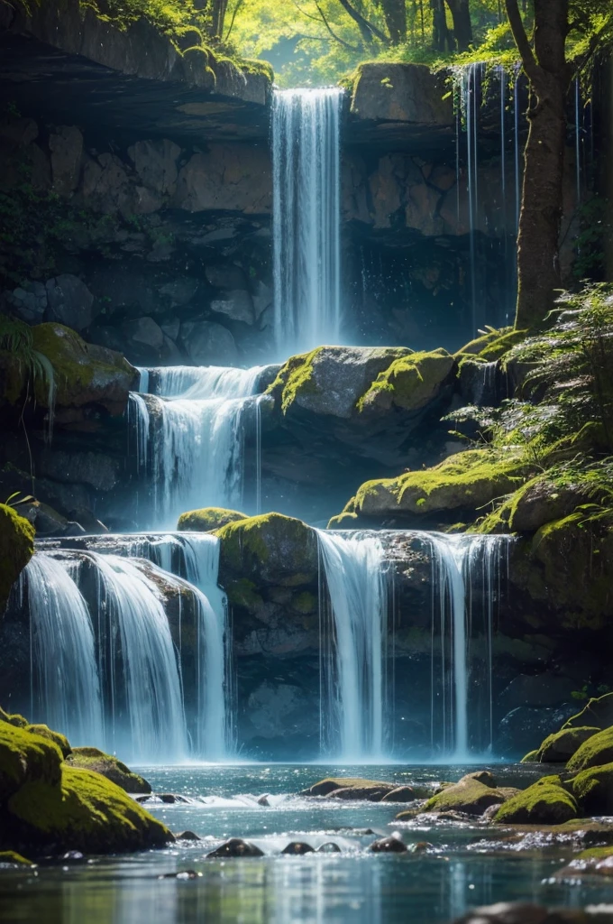 You are an accomplished Landscape Photographer with a keen eye for capturing the beauty of natural landscapes. Your task is to create a stunning photograph of a waterfall as seen through a glass with shiny reflections and drops of water sprinkling around. Your goal is to showcase the beauty and tranquility of the waterfall while incorporating the unique elements of the glass and water droplets into the composition. Position the glass in a way that it creates interesting reflections and enhances the visual impact of the waterfall. Experiment with different angles and perspectives to capture the essence of the waterfall through the glass. Utilize natural light to enhance the textures and details of the waterfall and the glass. Consider using artificial lighting to add depth and drama to the scene.