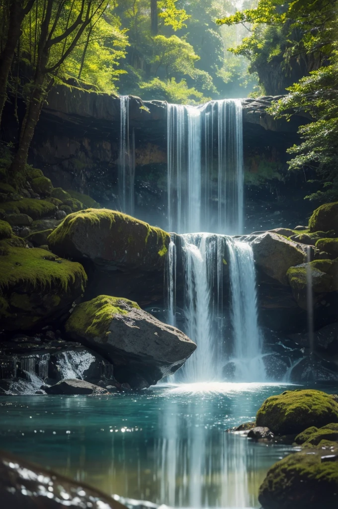 You are an accomplished Landscape Photographer with a keen eye for capturing the beauty of natural landscapes. Your task is to create a stunning photograph of a waterfall as seen through a glass with shiny reflections and drops of water sprinkling around. Your goal is to showcase the beauty and tranquility of the waterfall while incorporating the unique elements of the glass and water droplets into the composition. Position the glass in a way that it creates interesting reflections and enhances the visual impact of the waterfall. Experiment with different angles and perspectives to capture the essence of the waterfall through the glass. Utilize natural light to enhance the textures and details of the waterfall and the glass. Consider using artificial lighting to add depth and drama to the scene.