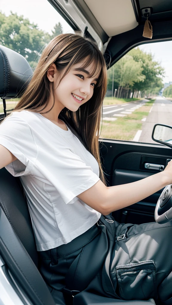 D cup bust、Sexy cute looks and cute 15 year old beautiful girl, Beautiful and sexy face、The strong wind blows the hair in front of my face、Beautiful blonde with cute long straight hair, Sexy eyes hidden behind long bangs,black skin,Slightly droopy eyes, (Tight white t-shirt:1.4), (Oversized Cargo Pants:1.4),Truck driving scene,handle,hand,heavy truck,(Angle from the side:1.5),トラックのhandleを握る,Inside the car,大きなトラックのhandle,(Holding the shift lever of a truck:1.4),Large windshield,Smiling Face