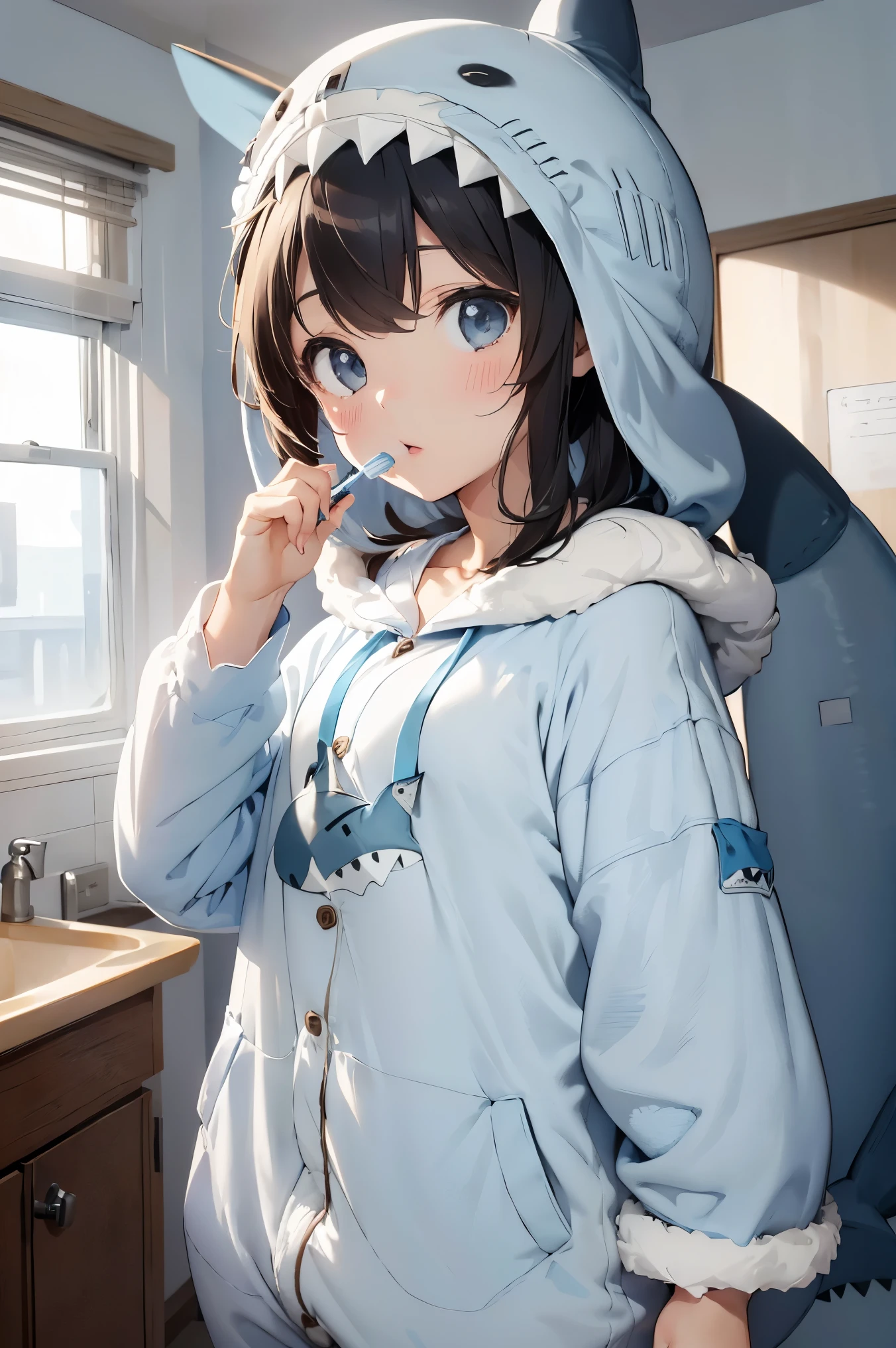 a bit, Nendoroid, ((Worst quality, low quality)), ((close), profile,1.5 Left Facing), (10 year old girl), gray hair, (Fluffy shark costume pajamas:1.4), (open income:1.2), (Pale light blue pajamas:1.4), Animal Hoodie, (hooded:1.Under the hoodie, oversized hoodie, five fingers, perfect hands, Late night bedroom background, Sleep on the bed、Stick out your hand、Pose that you want to hug、highest quality,Super detailed, masterpiece,Washroom at night、((((Washroom at nightで鏡を見ながら歯ブラシをもって歯磨きをする))))、One toothbrush
