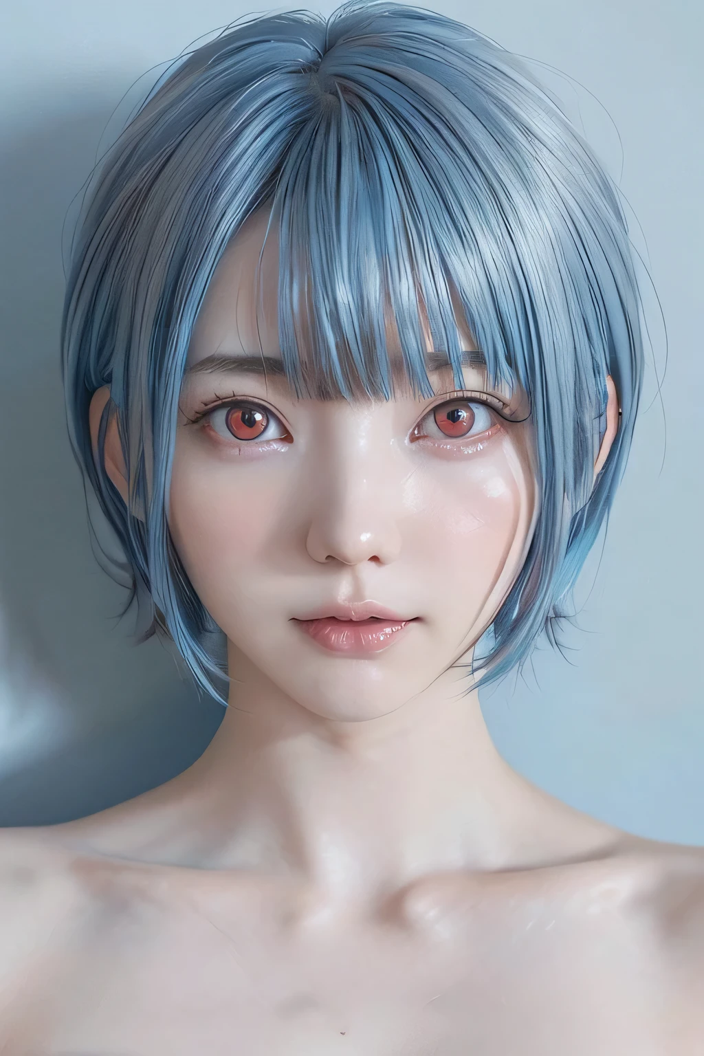 8k、(highest quality:1.4) 、masterpiece、 1 girl、cinematic lighting、Shadow、Lanky Body、slim、Flat Body、Lonely face、cute、Inverted triangle face、 (Headshot closeup:1.15) 、 bob cut、realistic skin texture、(red eyes:1.5)、、(light blue hair color:1.5)、、blush all over the face、embarrassing、 (Looking Down from Above), (upturned eyes)