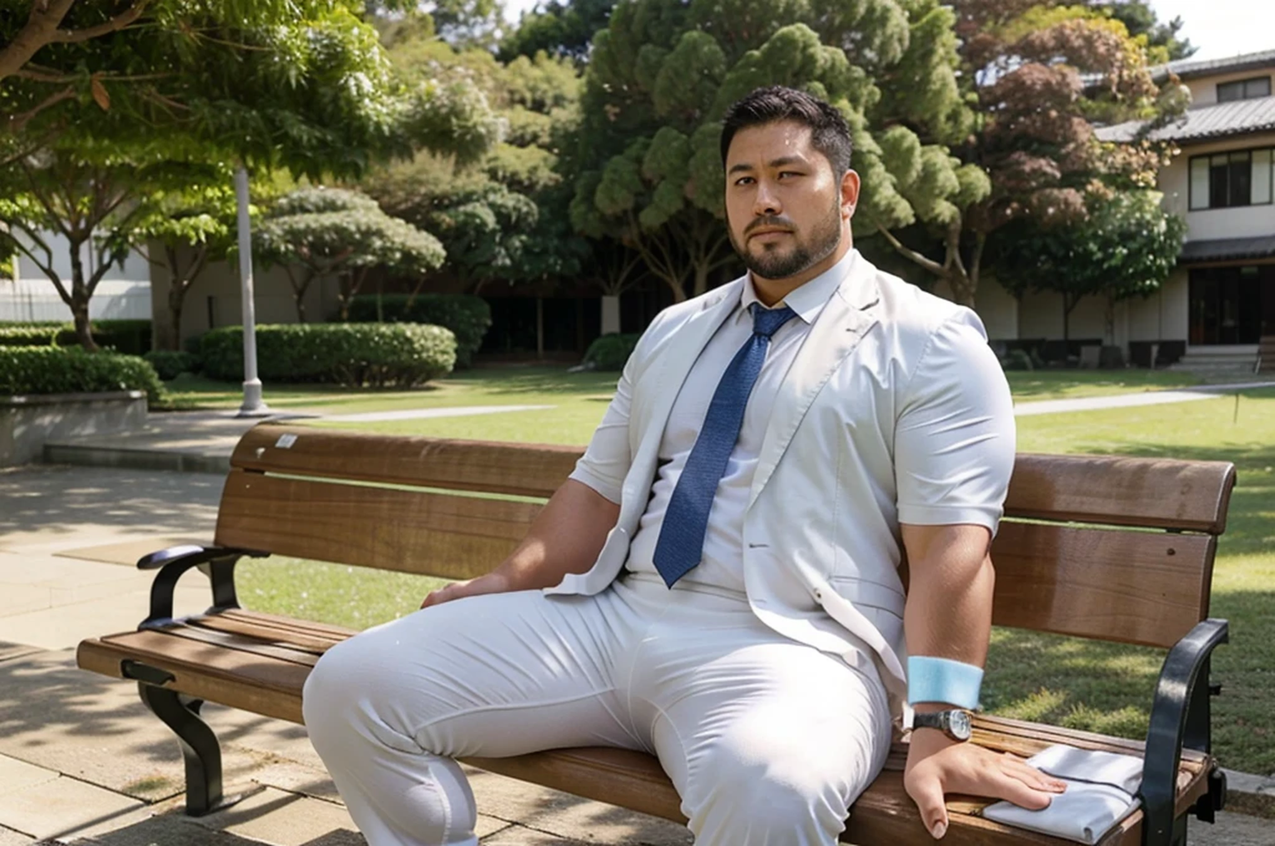 36 years old chubby stocky thick Japanese business man who is a former rugby player with short hair and short beard in suit and tie and white competitive swim pants sitting on a bench in a quiet park.