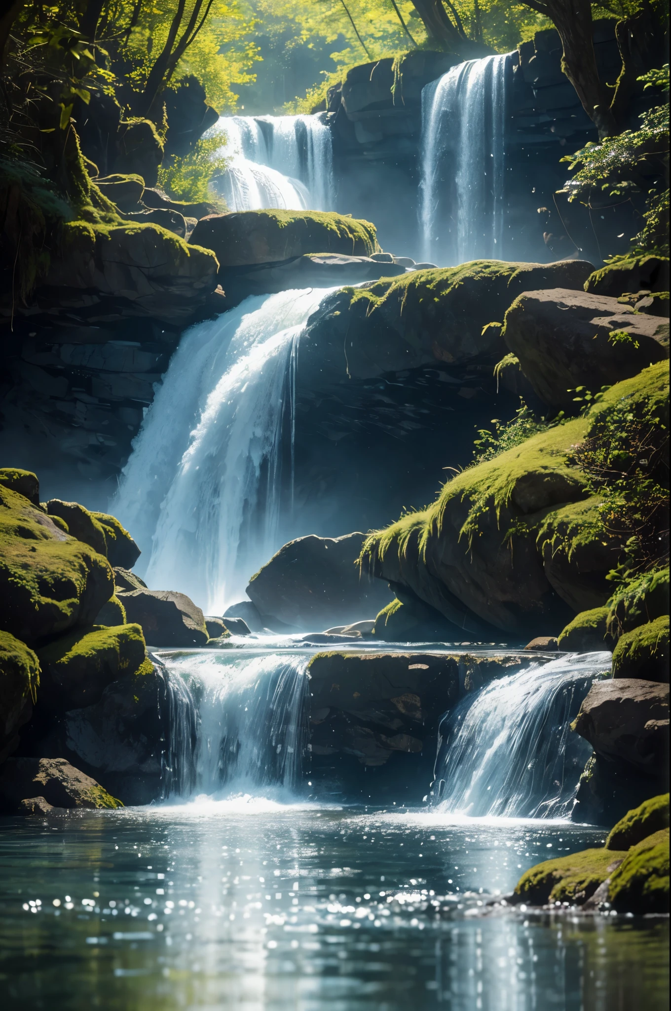 You are an accomplished Landscape Photographer with a keen eye for capturing the beauty of natural landscapes. Your task is to create a stunning photograph of a waterfall as seen through a glass with shiny reflections and drops of water sprinkling around. Your goal is to showcase the beauty and tranquility of the waterfall while incorporating the unique elements of the glass and water droplets into the composition. Position the glass in a way that it creates interesting reflections and enhances the visual impact of the waterfall. Experiment with different angles and perspectives to capture the essence of the waterfall through the glass. Utilize natural light to enhance the textures and details of the waterfall and the glass. Consider using artificial lighting to add depth and drama to the scene.