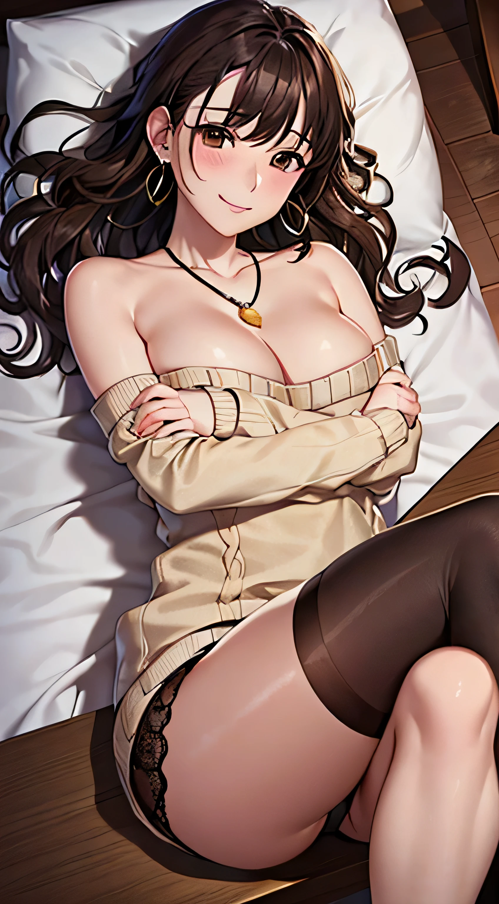 (table top, highest quality, High resolution, , perfect pixel, 4k,), 1 girl, single, alone, Beautiful woman、I could see the whole body、 ((wavy mid-length hair, bangs, brown hair)), ((brown eyes, beautiful eyelashes, realistic eyes)), ((detailed face, blush:1.2)), ((smooth texture:0.75, realistic texture:0.65, realistic:1.1, Anime CG style)), soft chest, dynamic angle, perfect body, ((,, , earrings、necklace、beige off shoulder sweater、、black knee high stockings、open both legs wide、、shy smile)), upper grade、、、evening、(luxury hotel bed、sleep on your back)、、Close your chest with both arms、You can see the white light blue lace panties)、angle from below)、