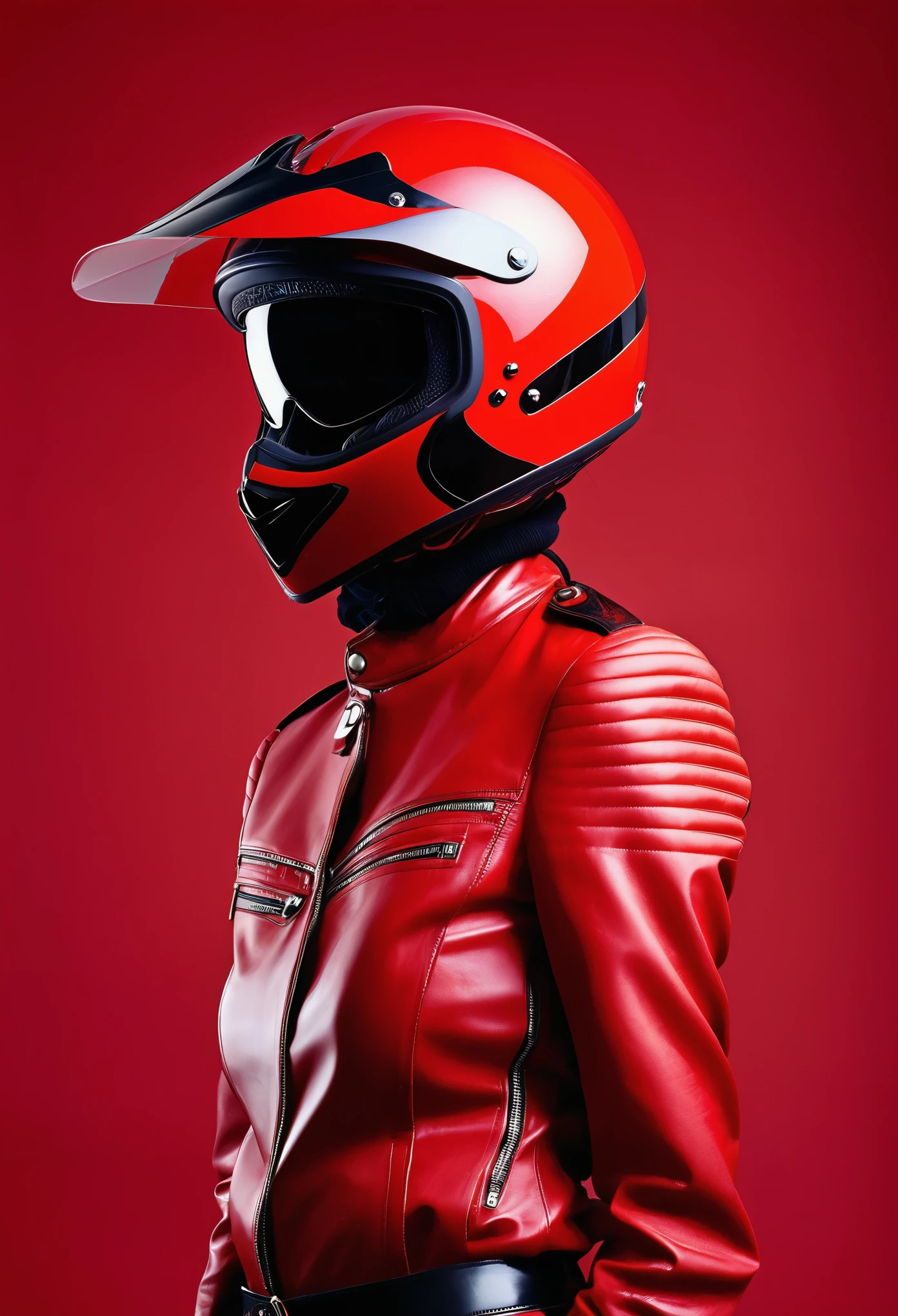 editorial fashion photo of rider; filled with helmet; red colors; solid background, abstract