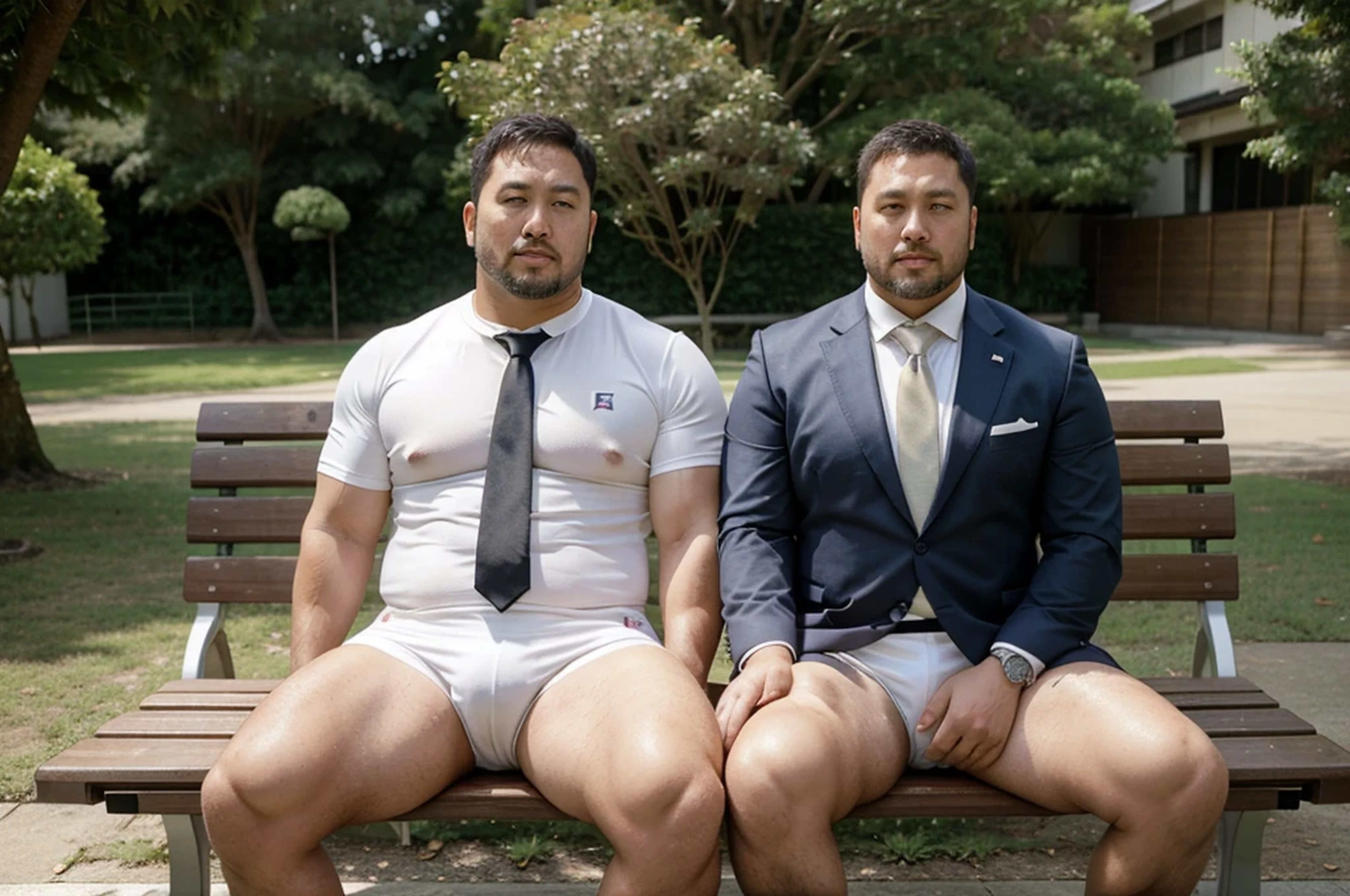 36 years old chubby stocky thick Japanese business man who is a former rugby player with short hair and short beard in suit and tie and white competitive swim suit sitting on a bench in a quiet park.