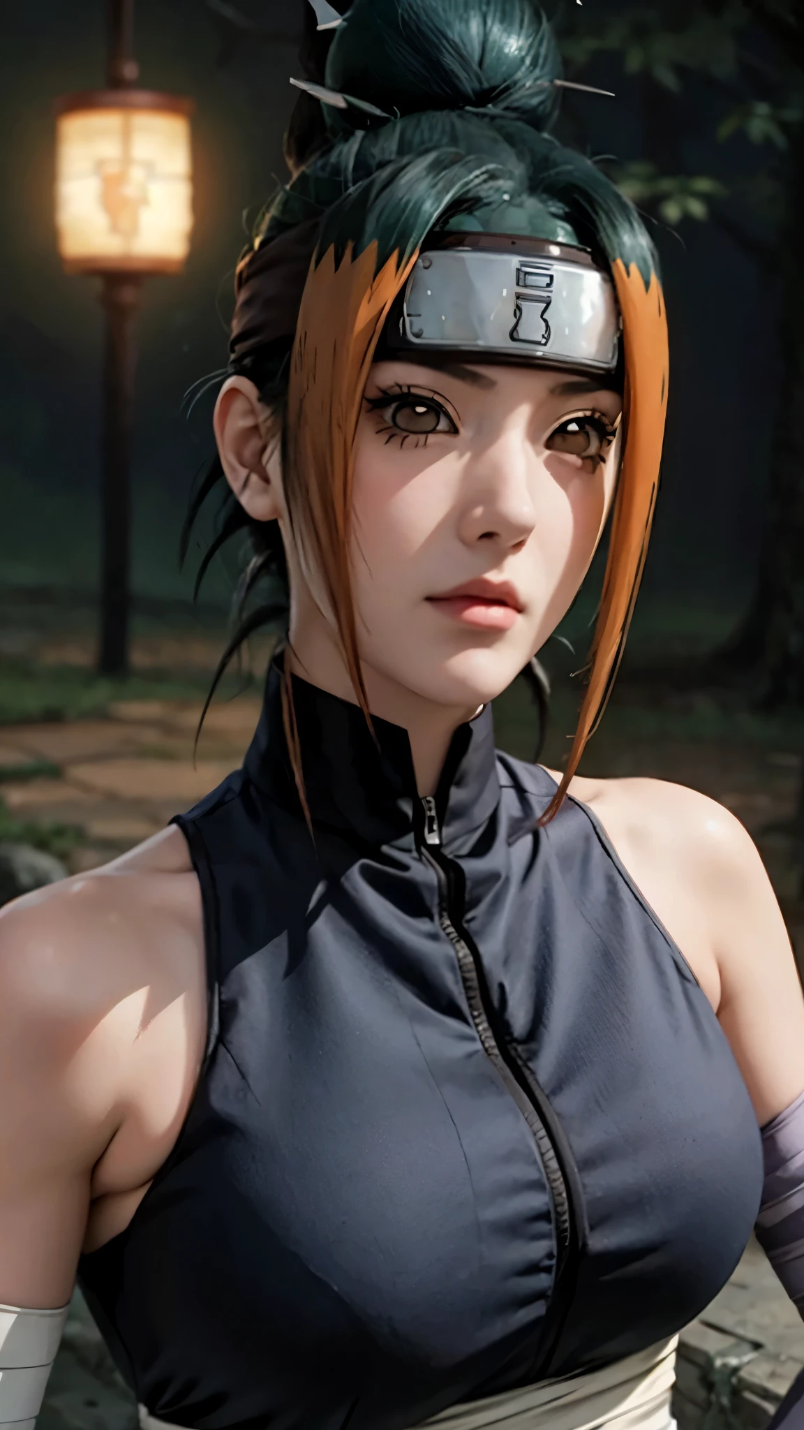 Costum_Kunoichi_Pakura_ownwaifu,ownwaifu,
1girl, forehead protector, brown eyes, black sclera, colored sclera, single hair bun, green hair, orange hair, hair ornament, breasts, large breasts, multicolored hair, collarbone, two-tone hair, 
sarashi, bare shoulders, ninja, sleeveless, detached sleeves, purple gloves, elbow gloves, bandaged leg, leg wrap, black dress, 
((masterpiece)),((best quality)),(highres), bokeh, depth_of_field, day, tree shade, sunlight, scenery, architecture,  fighting action, dutch angle