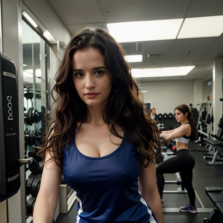 Eva Green with wavy hair in the gym dressed in sportswear