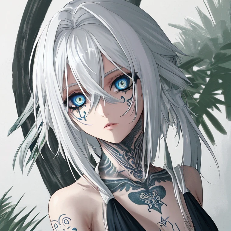 cabelo branco , olhos roxos, Neck tatoo, cabelo curto
