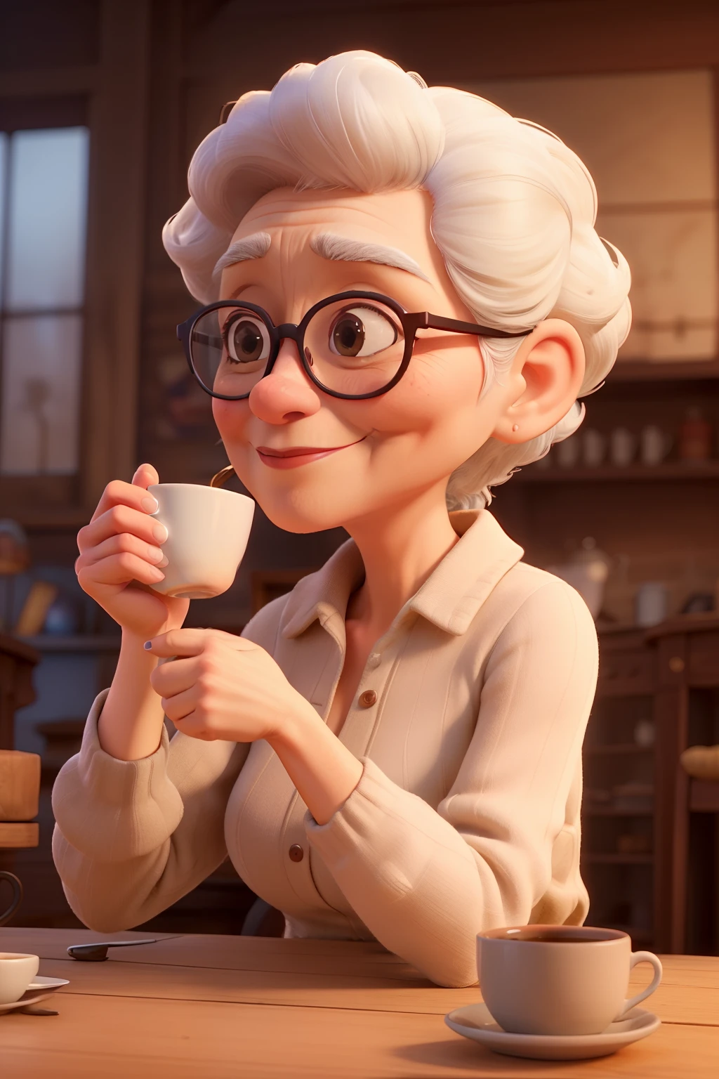 ((best quality)), ((masterpiece)), (detailed), perfect face
old cute women drinking coffee, side profile, white brows, glasses