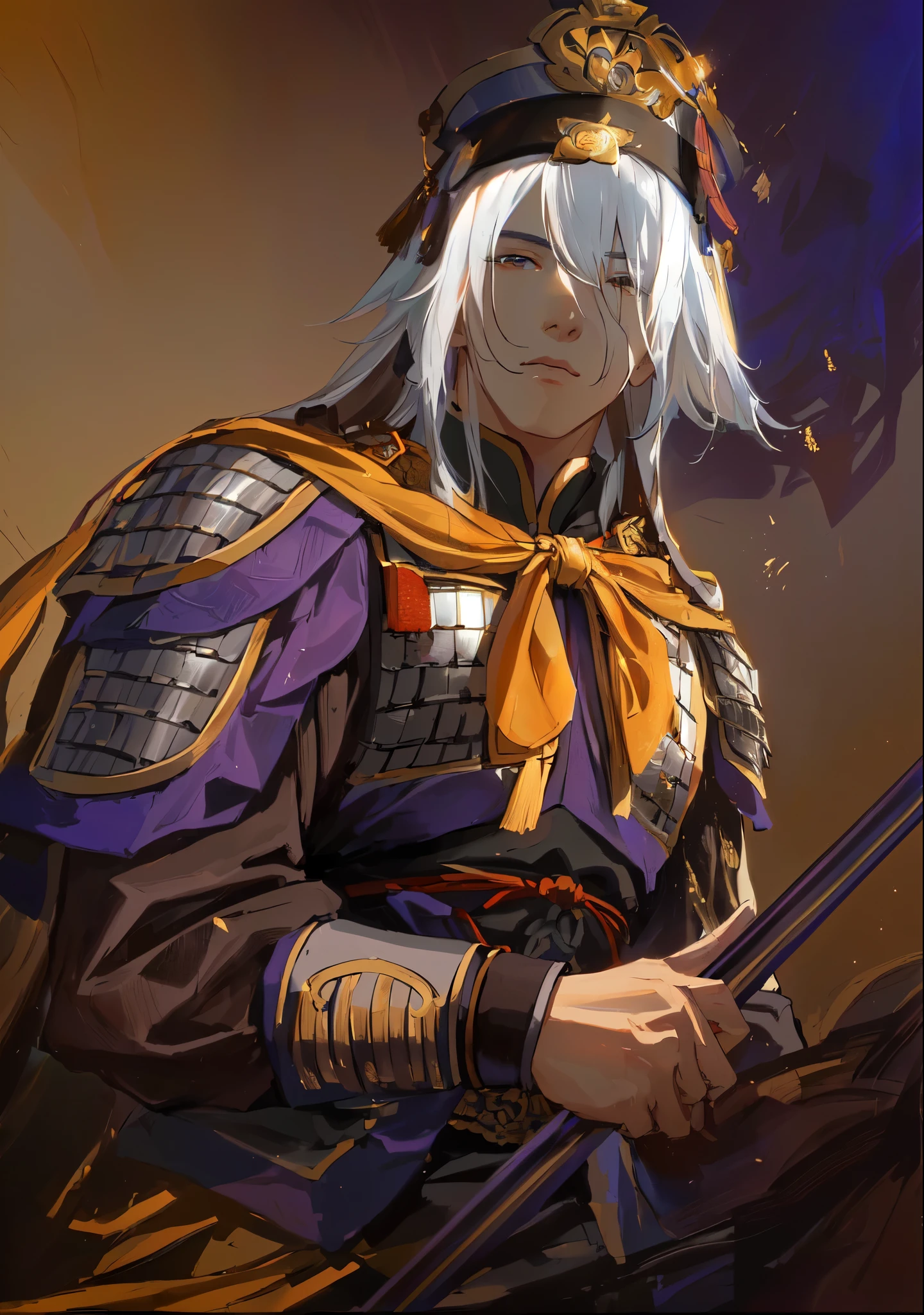masterpiece, best quality, (Extremely detailed CG unified 8k wallpaper), (best quality), (Best Illustration), (best shadow), Ridiculous, Realistic lighting, (abyss),  works of art,,Chinese style，Chinese military commanders，Jiang Wei，Zhao Yun，Ma Chao，，Hayama Ryo，Three Kingdoms，Dynasty Warriors，juvenile将军，handsome guy，white hair，，没有胡子的handsome guy，juvenile，Chinese armoerce eyes，black skin
