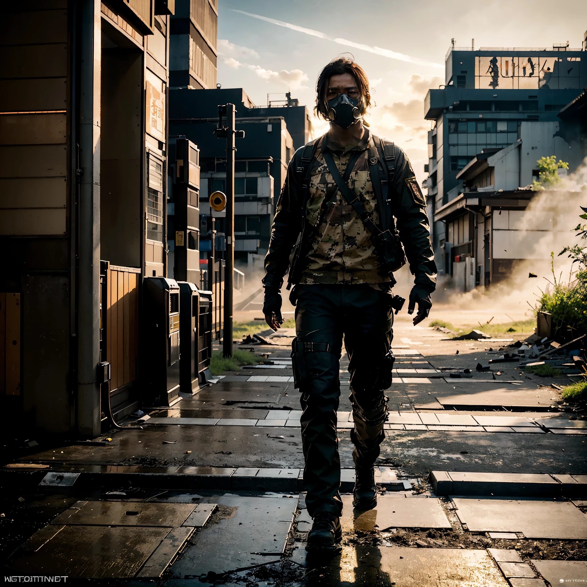 GROUND LEVEL VIEW, HYPER REALIST, A  JAPANESE MILITARY with a machine gun, wearing a MILITARY GAS MASK, WALK POSE, SUN RISE, STANDS ON STREET OF THE POST-APOCALYPSE RUINED AND DESTROYED TOKYO CITY, IMPACTFUL VISUAL DESTRUCTION, STYLE THE LAST OF US, outdoor PHOTO, CINEMATIC LIGHTING, PHOTOREALISTIC DETAILS, DYNAMIC SHADOWS ,ATMOSPHERIC EFFECTS, LIFELIKE TEXTURES, HIGH-DEFINITION, IMMERSIVE ENVIRONMENT, SUBTLE COLOR GRADING, AUTHENTIC ATMOSPHERE, DETAILED TEXTURES, GOLDEN HOUR, FANTASY, UNREAL ENGINE 5, ray tracing, award winning photo, MASTERPIECE photograpy, trending on artstation, HDR, UHD, 8K, BY NAUGHTY DOG