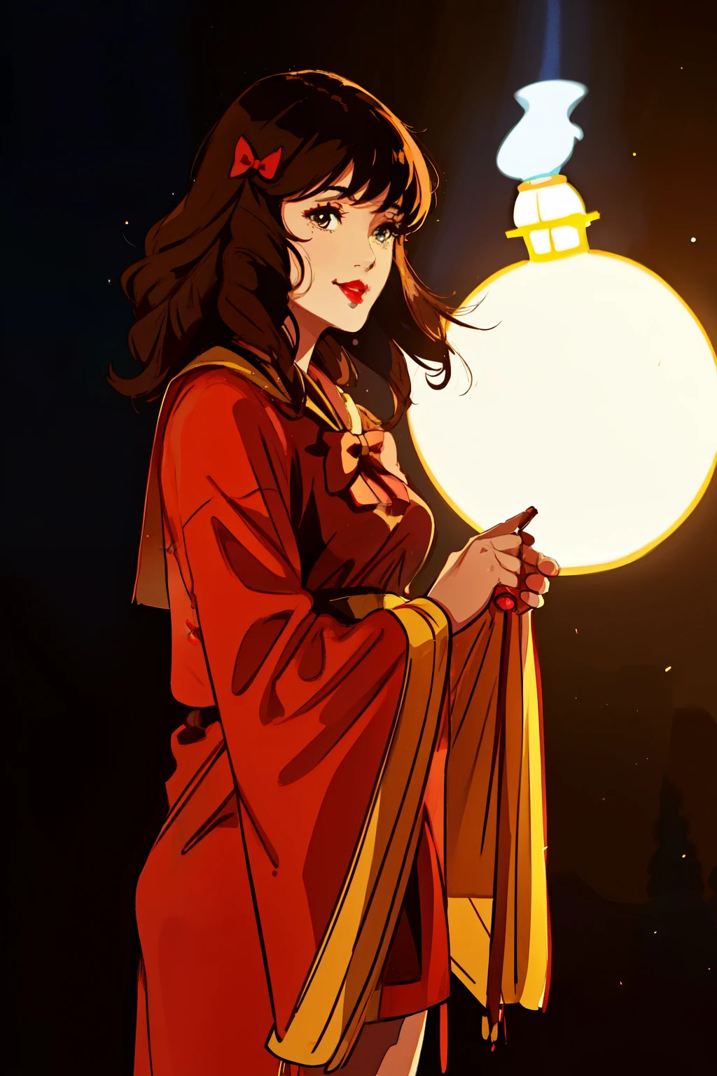 (best quality,highres,ultra-detailed,realistic:1.2),1 girl with (long brown hair:1.1), stunningly detailed eyes, soft background blur, delicate bangs, a beautiful bow in her hair, lantern with particles of light, she is looking at the audience with a captivating smile, wearing a long-sleeved outfit, standing alone on stage, with a symbol of performers, her face seen from the side, enchanting red lips, medium hair length, in the backdrop of a night scene.