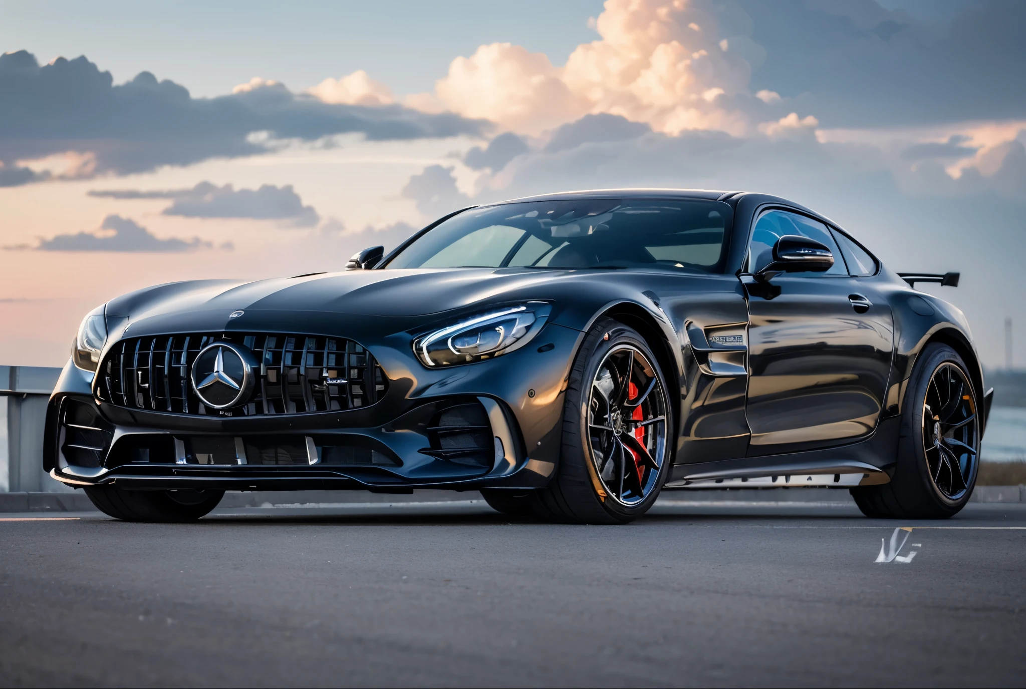 The Mercedes-Benz AMG GTR Pro drives on a beautiful highway，In the daytime 