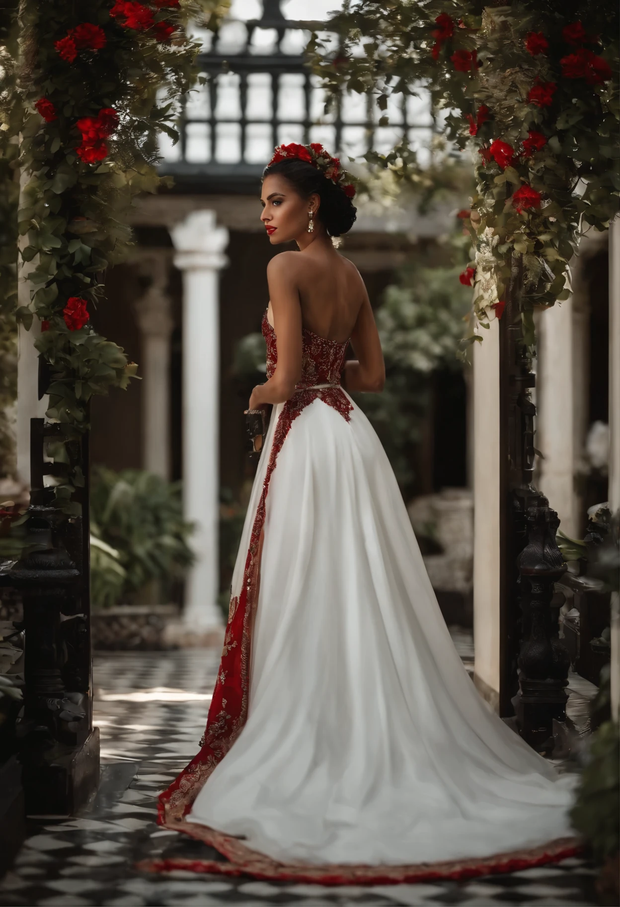 Uma garota linda cabelo pretos longos, livre , Olhos grandes preto , maquiagem suave, Vestido branco vermelho com cinto estilo preto ,Belt recordings, sapatos brancos ,Outer courtyard palace ,outono ,Folhas que caem