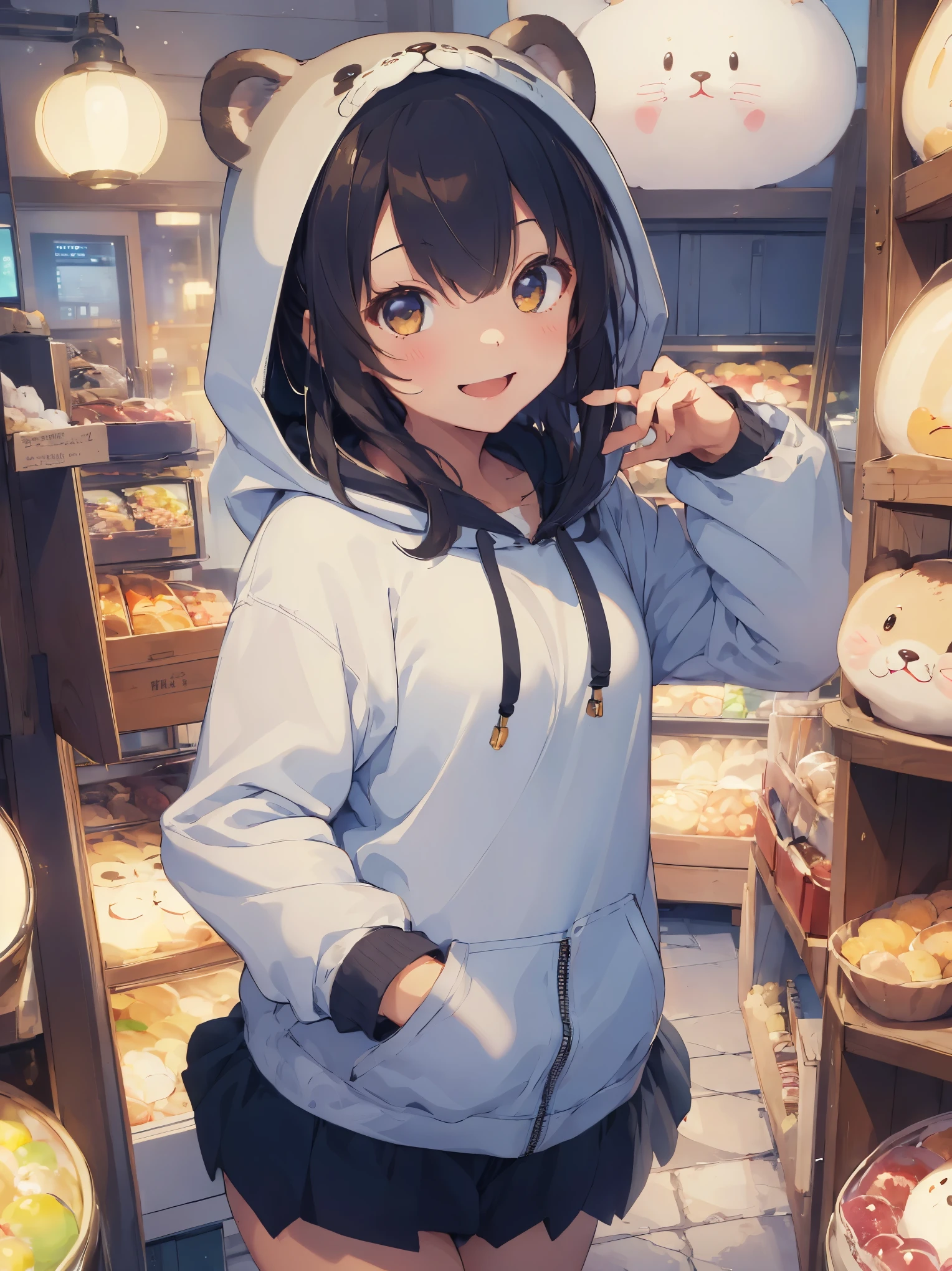 (masterpiece:1.2), (highest quality:1.2), (High resolution:1.2),1 girl , Cute otter hoodie, smile、open your mouth、Upper body、There are cute otters next to me、smile、There are lots of sweets in the background