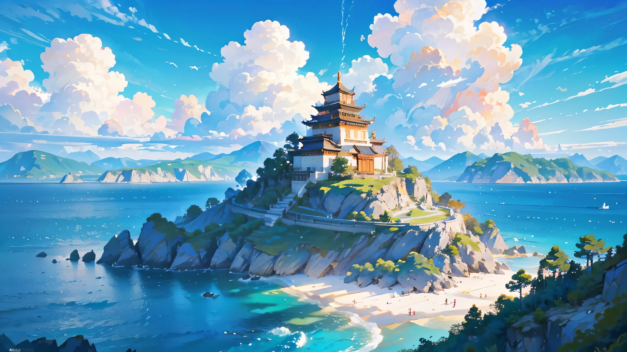 high-definition,highest quality,masterpiece,Movie quality,Cinematic light and shadow,Camera perspective,Camera angle,Poster cover,Close-up of the Photogram,Blue sky and white clouds,Green atmosphere,island,islands,natural scenery,mountains,coastal,Chinese style,Chinese style,natural wonder,Beautiful island country。