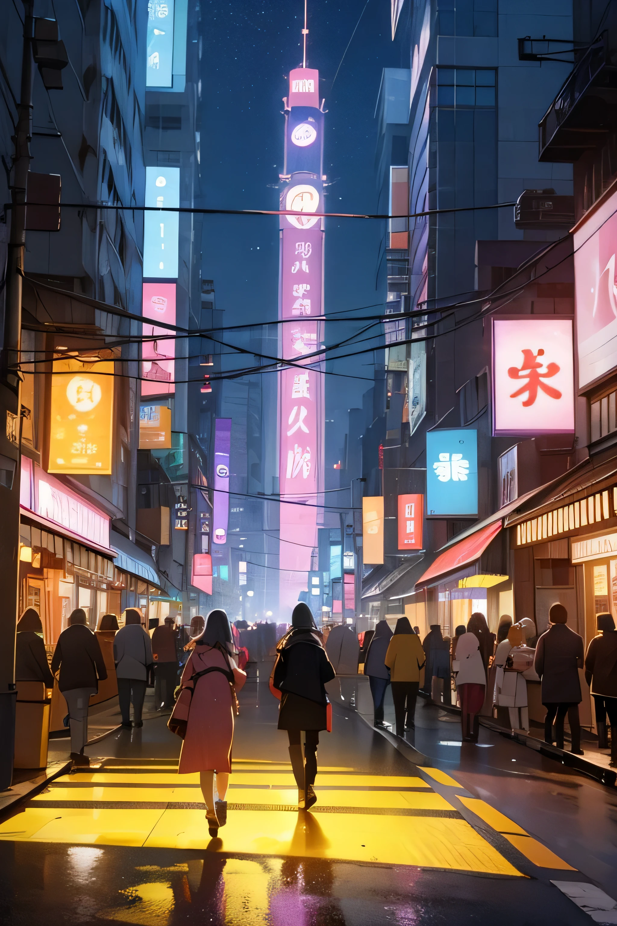  A busy street in a Japanese metropolis, illuminated by the bright neons of the stores, bares e letreiros luminosos. Excited people walk along the sidewalks, enquanto carros passam rapidamente pelas ruas. The night sky is dotted with stars, e a lua brilha suavemente sobre a cena, adding a touch of magic to the hustle and bustle of urban life.