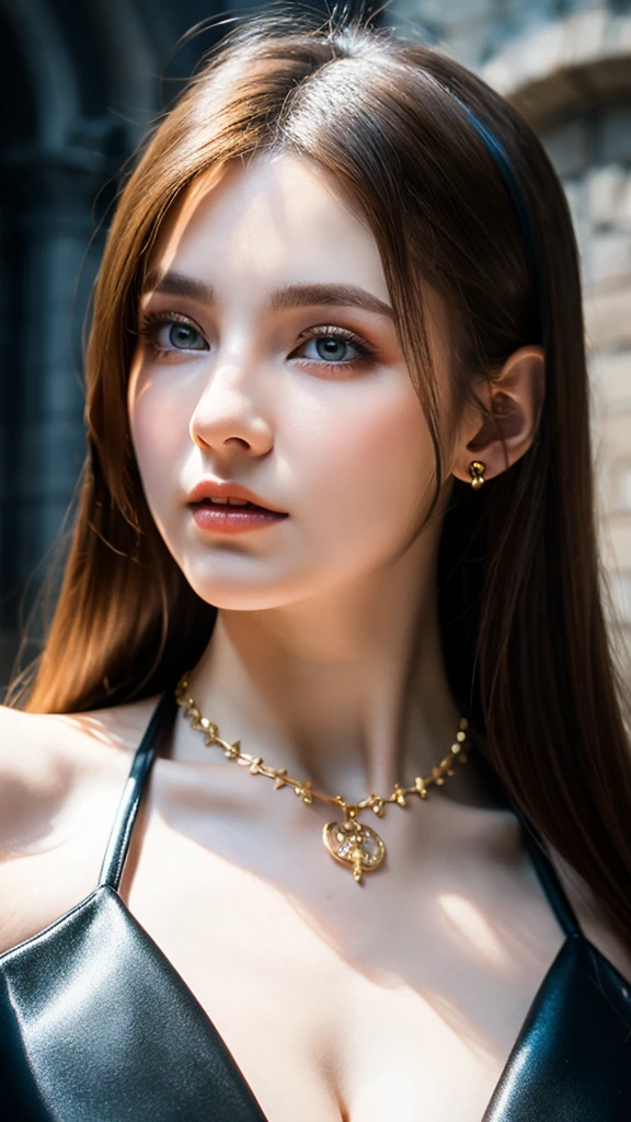 RAW, professional photograph, medium shot, photorealistic, hyper-realistic, ray tracing, super detail, UHD, 8k, female elf, twenty years old, goddess, gold jewelry, athletic body, soft facial features, long hair, straight hair, light pink hair, blue eyes, gothic style, dark Castle, gothic architecture