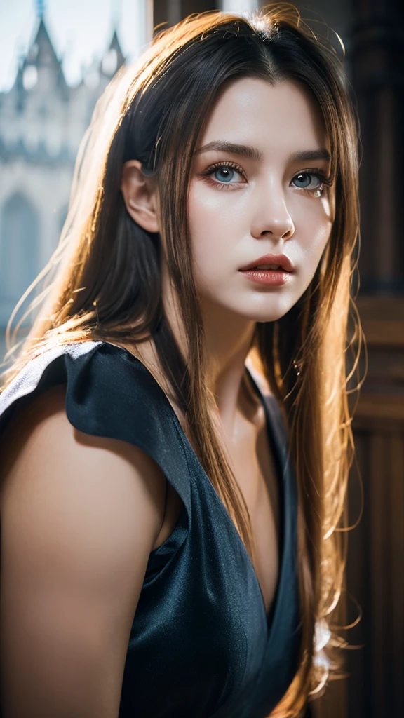 RAW, professional photograph, medium shot, photorealistic, hyper-realistic, ray tracing, super detail, UHD, 8k, female elf, twenty years old, goddess, gold jewelry, athletic body, soft facial features, long hair, straight hair, light pink hair, blue eyes, gothic style, dark Castle, gothic architecture