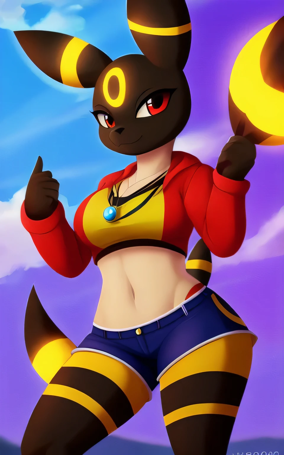 Furry-Eeveution, Carregado no E621,Umbreon [sharp focus], [questionable content], 1 garota,standing,suado,molhado,olhando para o espectador,Olhar zangado,corar,seios grandes,saia curta,shorts de bicicleta,corte superior,decote,coxas grossas,bunda grande,,Academy History