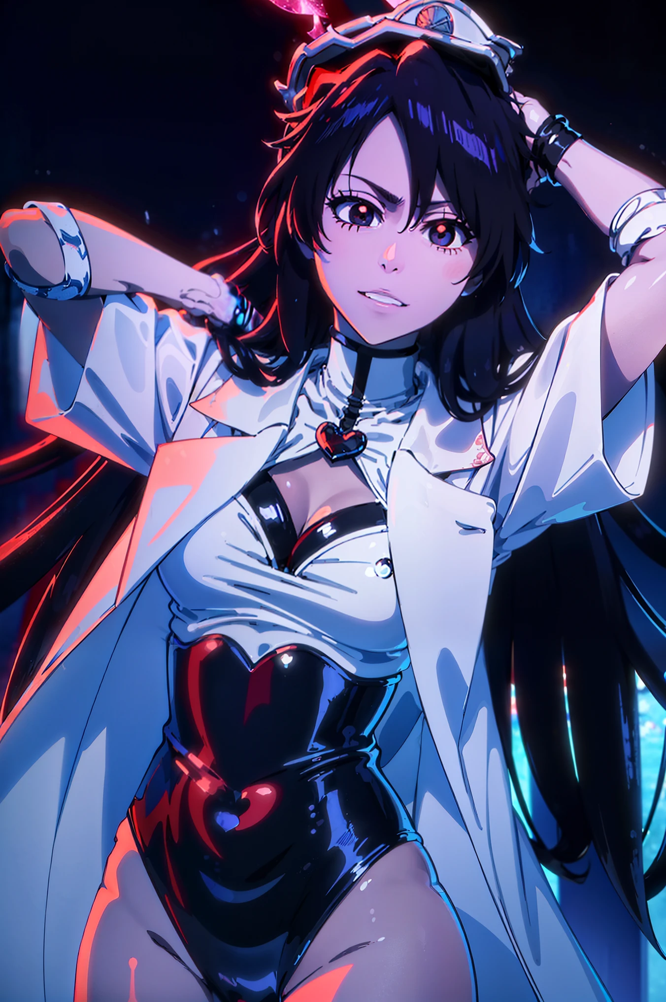 (best quality, masterpiece:1.2), realistic portrait of Chitanda Eru, with long flowing hair, closed mouth, and captivating big eyes, ((dressed in full tight black latex clothes)). She stands gracefully, looking at her outfit a bright smile. The picture showcases impeccable attention to detail, with ultra-detailed rendering of textures, vibrant colors, and sharp focus. The lighting accentuates the richness of the scene, creating a visually stunning and emotionally engaging masterpiece.