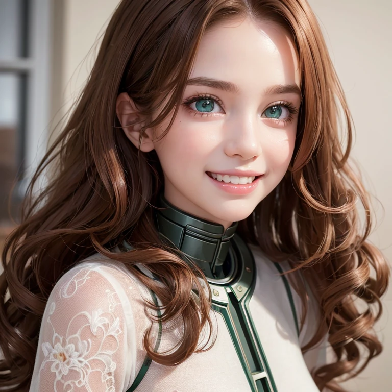 (masterpiece), best quality, expressive eyes, perfect face, a girl, a 5 years old, Reddish brown hair, perfect hair, ultra detailed curly hair, ultra detailed green eyes, perfect eyes, ultra detailed face, perfect face, fun smile, laughing, ultra detailed smile, metallic cyborg robotic, full body , uhd,