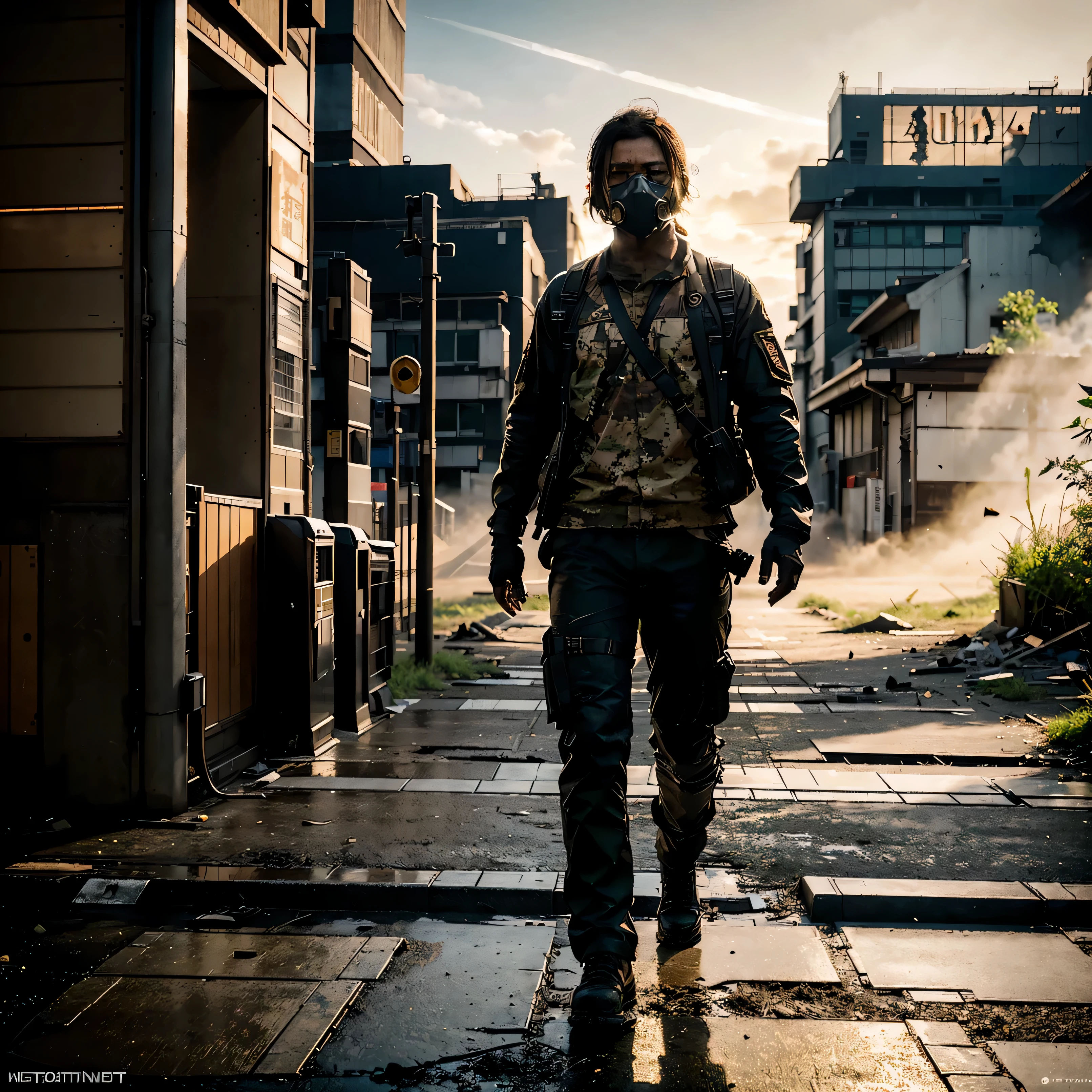 GROUND LEVEL VIEW, HYPER REALIST, A JAPANESE MILITARY with a machine gun, wearing a MILITARY GAS MASK, WALK POSE, SUN RISE, STANDS ON STREET OF THE POST-APOCALYPSE RUINED AND DESTROYED TOKYO CITY, IMPACTFUL VISUAL DESTRUCTION, STYLE THE LAST OF US, outdoor PHOTO, CINEMATIC LIGHTING, PHOTOREALISTIC DETAILS, DYNAMIC SHADOWS ,ATMOSPHERIC EFFECTS, LIFELIKE TEXTURES, HIGH-DEFINITION, IMMERSIVE ENVIRONMENT, SUBTLE COLOR GRADING, AUTHENTIC ATMOSPHERE, DETAILED TEXTURES, GOLDEN HOUR, FANTASY, UNREAL ENGINE 5, ray tracing, award winning photo, MASTERPIECE photograpy, trending on artstation, HDR, UHD, 8K, BY NAUGHTY DOG