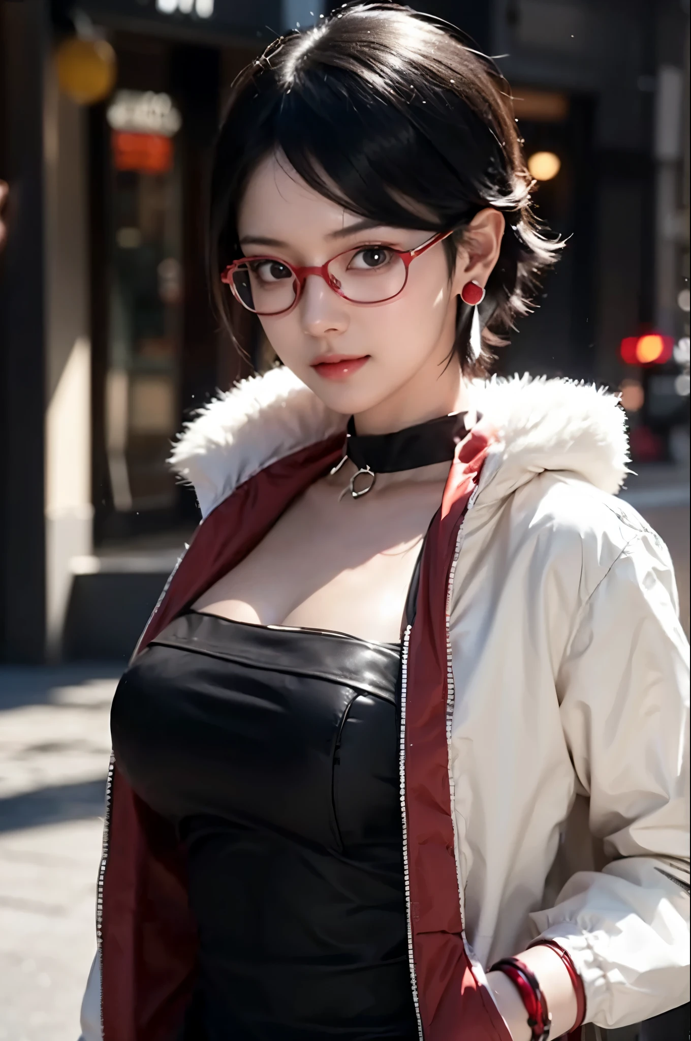 1 girl, Uchiha Sarada in the anime Boruto, short hair, black hair, red eyes, beautiful, smile, red glasses, Konoha cunin clothes, face of a 15 year old teenager, wearing ninja tools, plain red clothes, cyber punk city background, ultra detailed, realistic, rosy lips, sweet smile expression, charming young girl