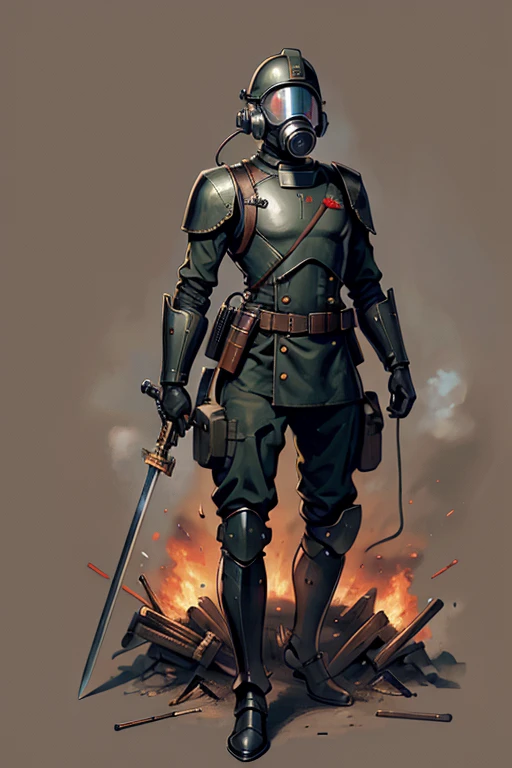 machine, automaton, military, robot, officer uniform, gas mask, soldier, communist, solo, simple background, humanoid, Russian, soviet, two eyes, circular eyes, tubing, dark, sword, officer's sword, feminine, flat-chested, black armor, tubing, helmet tubing, chest tubing, no breasts, flat chest, officer, soviet officer, soviet officer hat, solo, officer dress uniform, soviet uniform, 