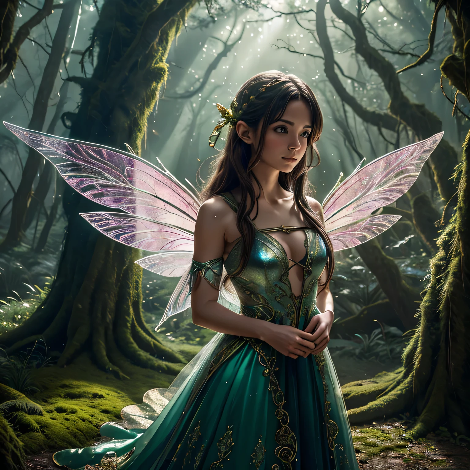 rope, enchanted forest, magical atmosphere, surreal, vibrant colors, soft lighting, ethereal, detailed fairy wings, mischievous expression, dynamic composition, fantasy elements, moss-covered trees, sparkling fairy dust, whimsical, mysterious, intense emotion, suspenseful, hidden treasure, ornate costume, gleaming dagger, suspenseful narrative, delicate features, delicate flowers, dramatic shadows. 

(best quality, highres), enchanted forest scene with a fairy tied up by a female thief. The fairy has intricate wings that shimmer with vibrant colors and delicate details. The thief, with a mischievous expression, is tying the fairy with a rope in a dynamic and suspenseful composition. The forest is filled with moss-covered trees and the atmosphere is magical and surreal. Soft lighting adds to the ethereal and mysterious ambiance. The fairy's delicate features show intense emotions as she struggles against the binds. Whimsical elements like sparkling fairy dust float in the air. The thief wears an ornate costume and holds a gleaming dagger. The scene hints at a hidden treasure and creates a suspenseful narrative. Delicate flowers bloom around the characters, contrasting with the dramatic shadows in the forest.