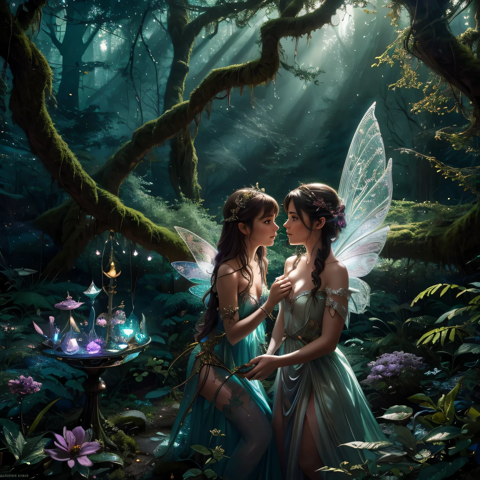rope, enchanted forest, magical atmosphere, surreal, vibrant colors, soft lighting, ethereal, detailed fairy wings, mischievous expression, dynamic composition, fantasy elements, moss-covered trees, sparkling fairy dust, whimsical, mysterious, intense emotion, suspenseful, hidden treasure, ornate costume, gleaming dagger, suspenseful narrative, delicate features, delicate flowers, dramatic shadows.
(best quality, highres), enchanted forest scene with a fairy tied up by a female thief. The fairy has intricate wings that shimmer with vibrant colors and delicate details. The thief, with a mischievous expression, is tying the fairy with a rope in a dynamic and suspenseful composition. The forest is filled with moss-covered trees and the atmosphere is magical and surreal. Soft lighting adds to the ethereal and mysterious ambiance. The fairy's delicate features show intense emotions as she struggles against the binds. Whimsical elements like sparkling fairy dust float in the air. The thief wears an ornate costume and holds a gleaming dagger. The scene hints at a hidden treasure and creates a suspenseful narrative. Delicate flowers bloom around the characters, contrasting with the dramatic shadows in the forest.