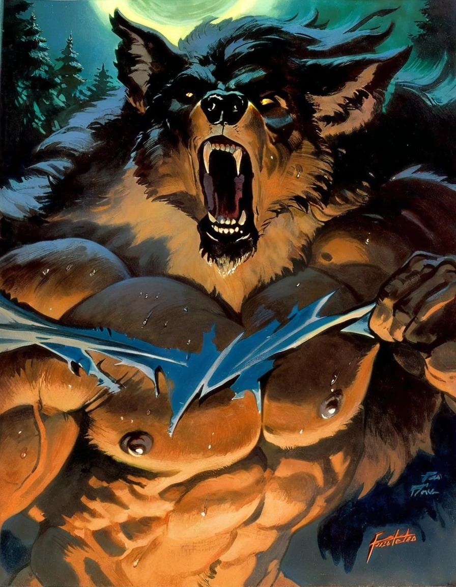 By frank frazetta, sweat, expressive, dynamic, good anatomy, attractive, male howling, muscular mal, werewolf male transforming ,tearing off shirt, night, moonrays , penis, forest night background, solo, bust, pecs, nipples